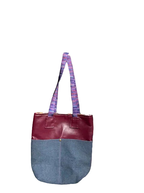 Medium Tote Bag - Burgundy Vinyl and Denim