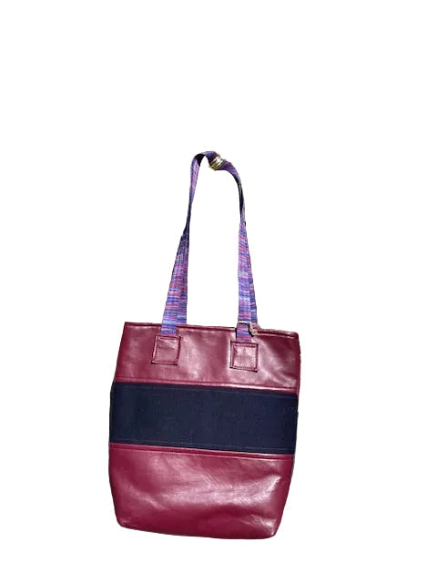 Medium Tote Bag - Burgundy Vinyl and Denim